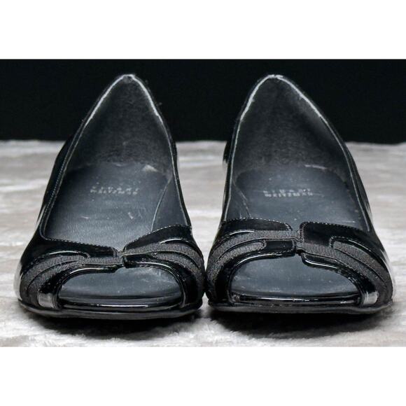Stuart Weitzman Black Patent Leather Wedge Open Toe Heels Womens Size 9 - Picture 12 of 16
